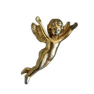 Vintage Guardian Angel Pin Lapel Cherub Gold Tone - Arms Upraised 1"